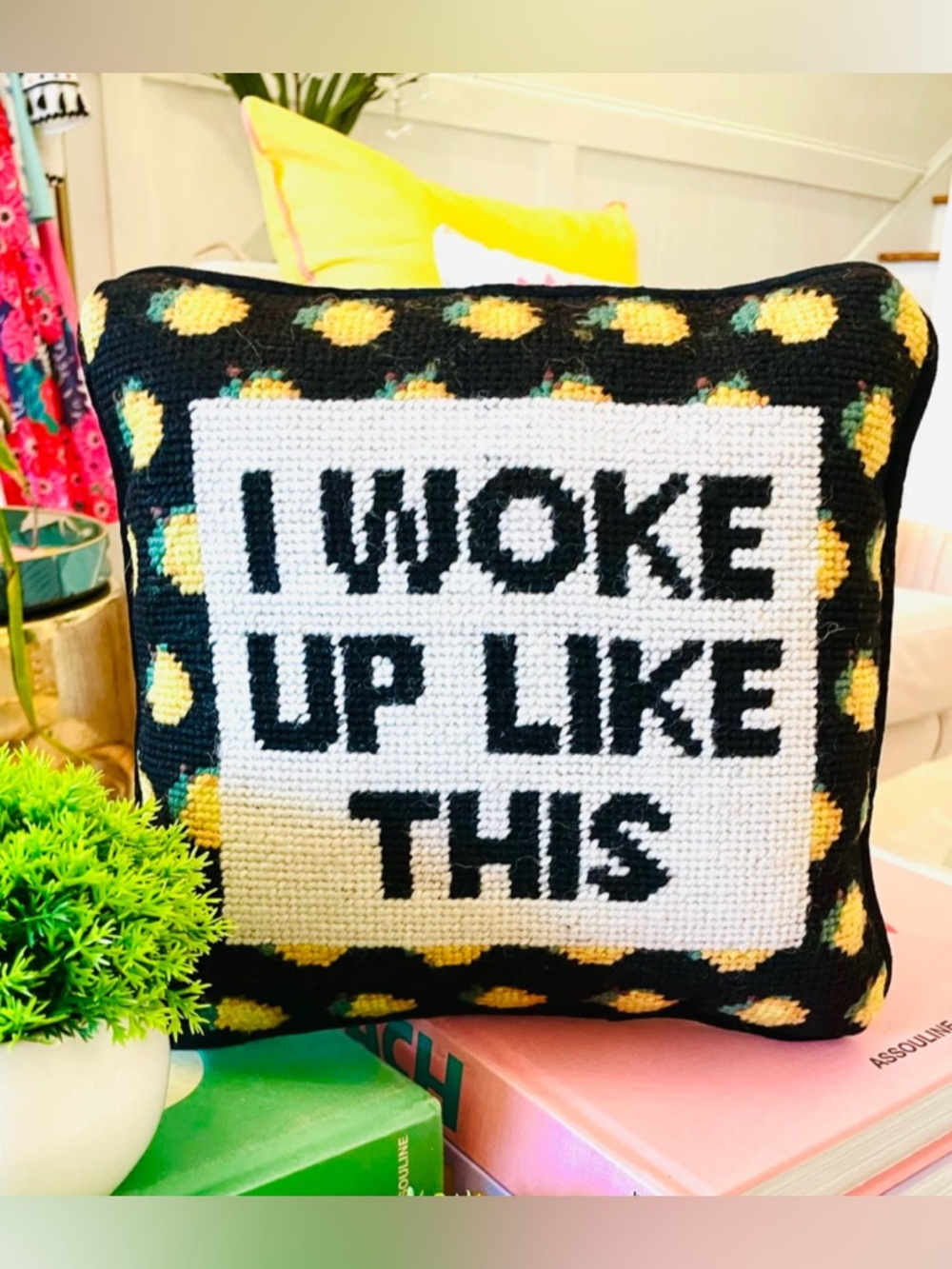 Furbish Needlepoint “I Woke Up Like This” Pillow Velvet Back lemons